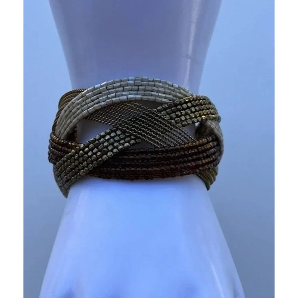 Vintage Glass Seed Bead Pieces Cuff Bracelet Brown Gold Y2K Women’s Sz 7.5”